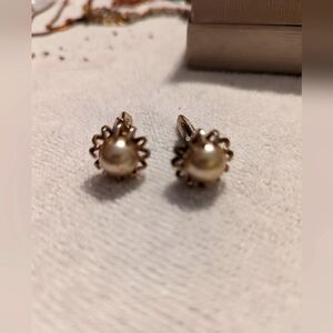 1950's Gold Tone Faux Pearl Cufflinks By Swank . Light color with gold overtone